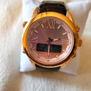 Bronzo Italia Oversized Round Rose Tone Men's Watch With Brown Leather Strap